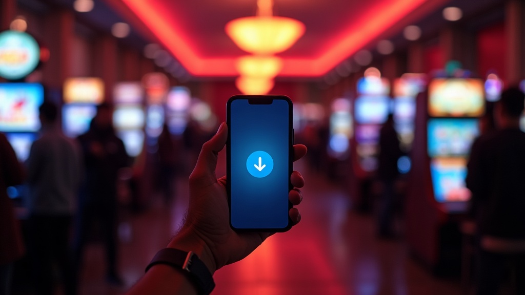 Two smartphones showing a casino app download screen in a dark neon setting