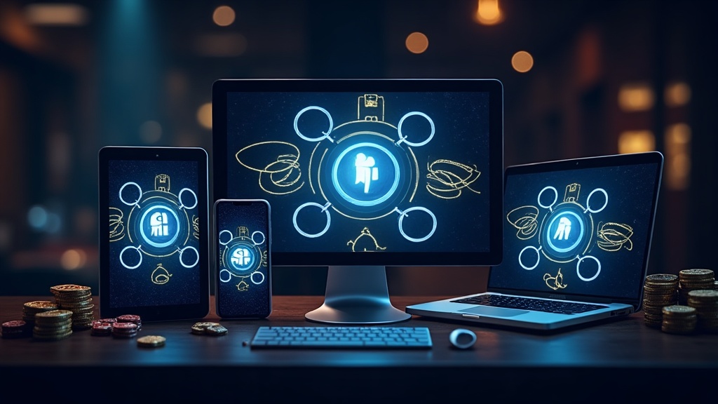 Android phone, iPhone and laptop showing different casino app access options