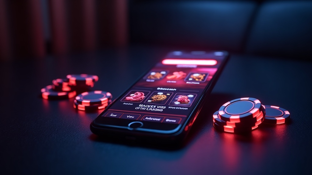 Smartphone browser open to a casino web app in a neon-lit lounge
