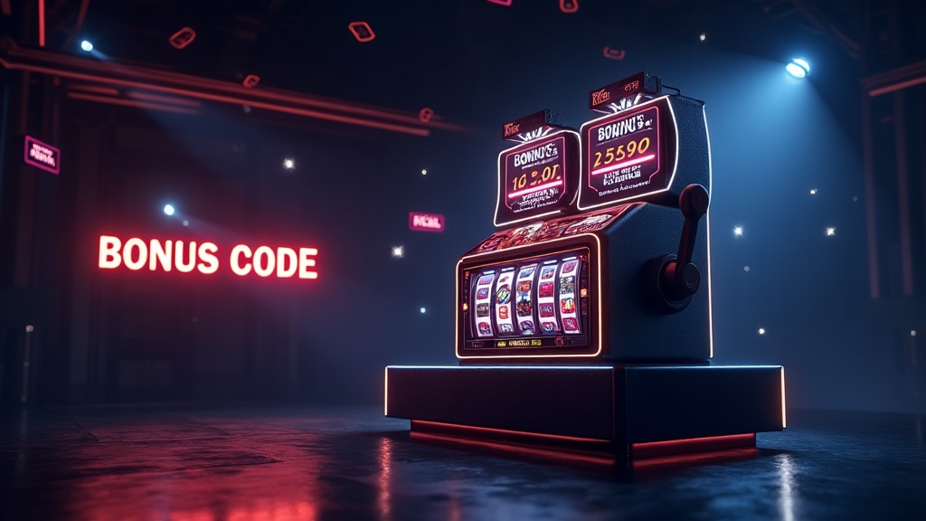 Casino lobby screen highlighting a no-deposit bonus code and free-spin offer