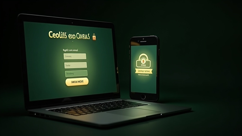 Casino sign-up form and email verification on laptop and phone